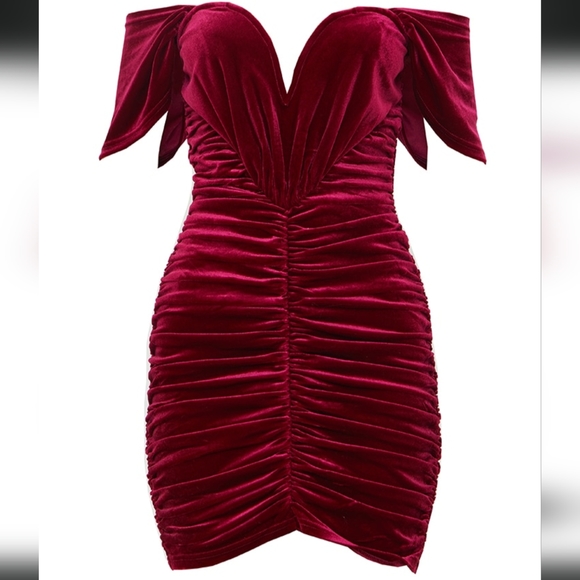 ❤️💋💞PLT Burgundy Red Velvet Plunge Ruched Bardot Bodycon Dress US 4 ❤️💋💞 - Picture 5 of 5